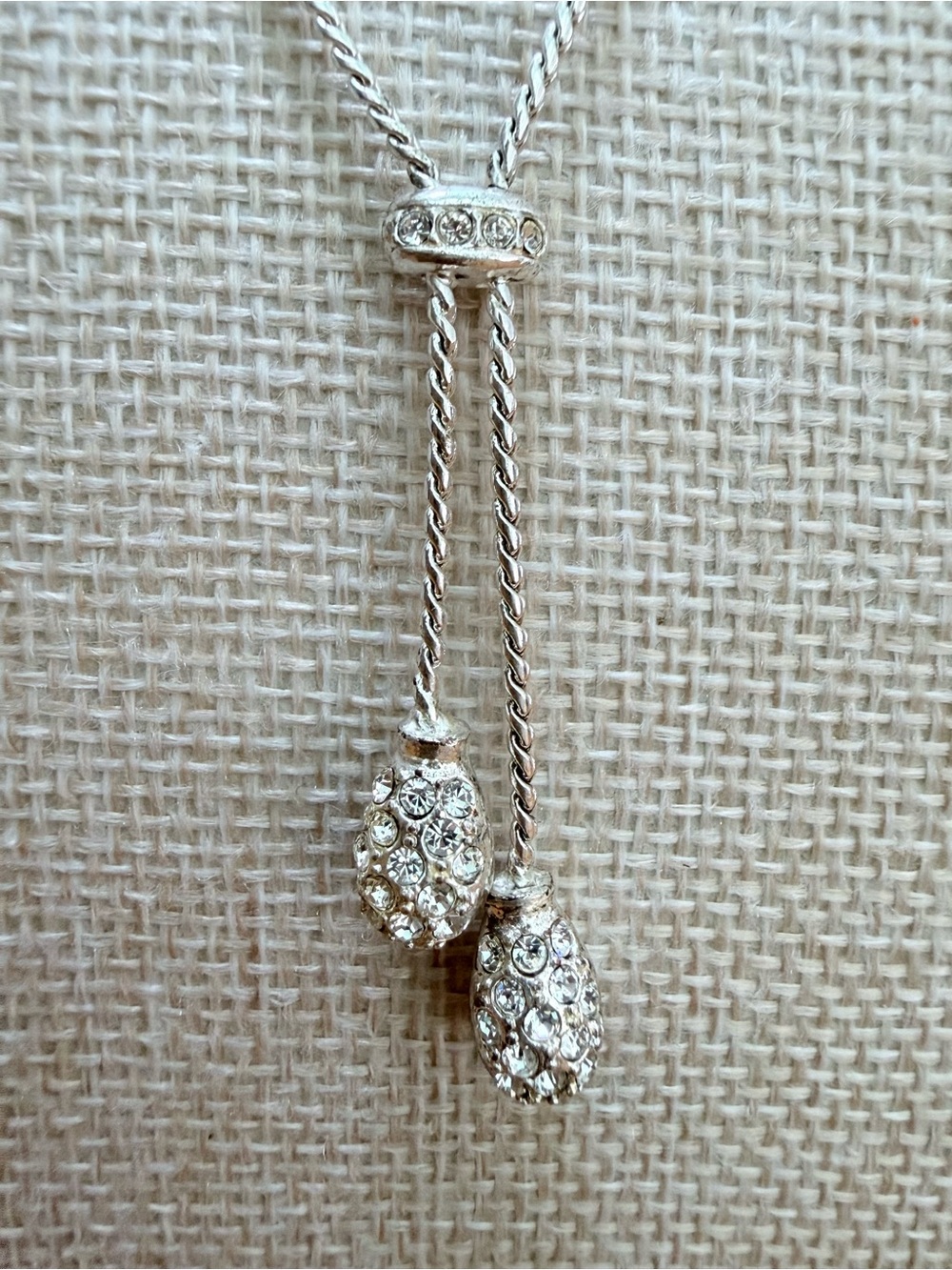 Vintage Avon Signed Silver Tone Pavé Crystal Tear Drop Lariat Bolo Necklace,10”